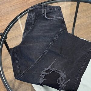 Free People Washed Black Straight-Leg Jeans with Knee Rips